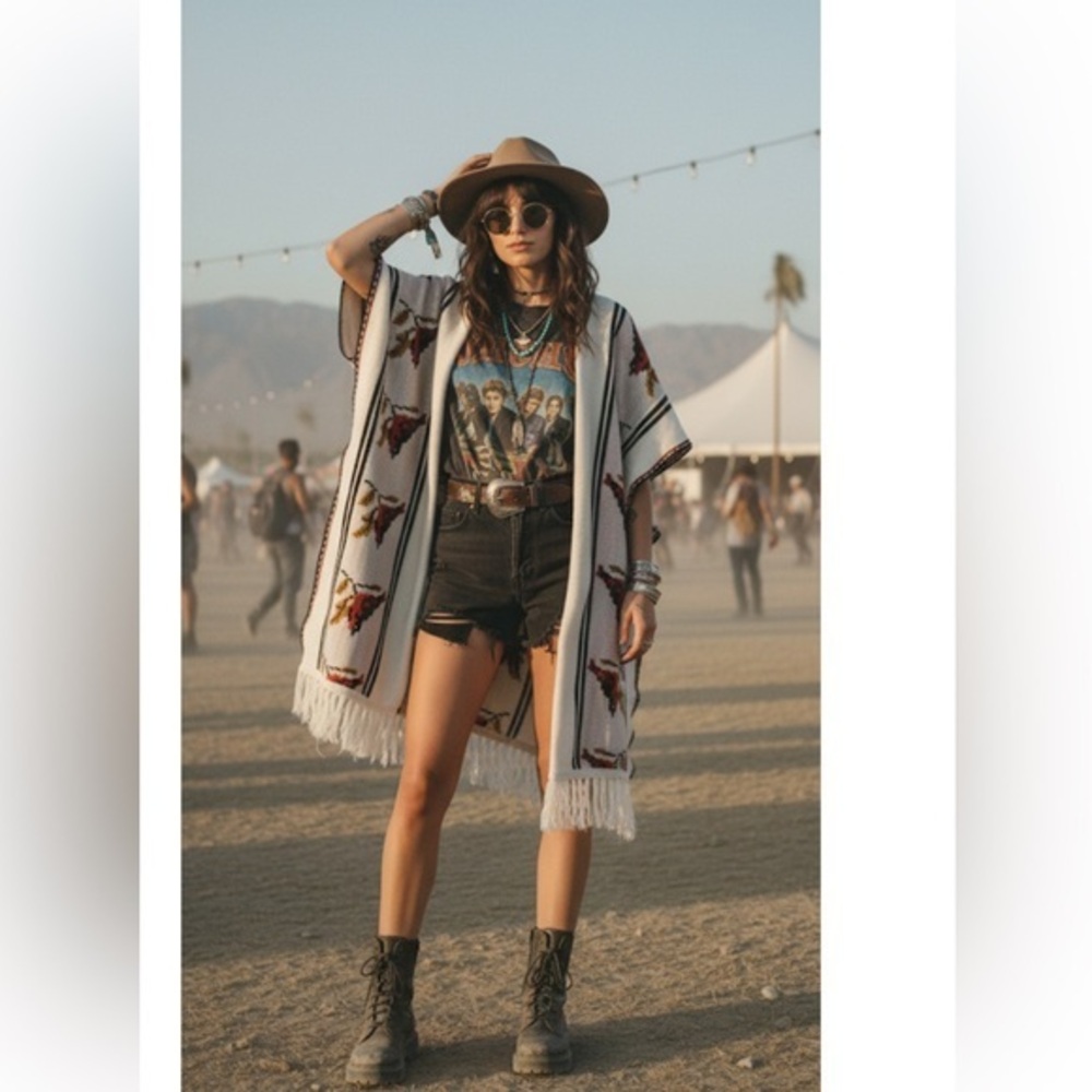 Adorable vintage 1970s knit bird poncho Tie closure at the chest w fringe
